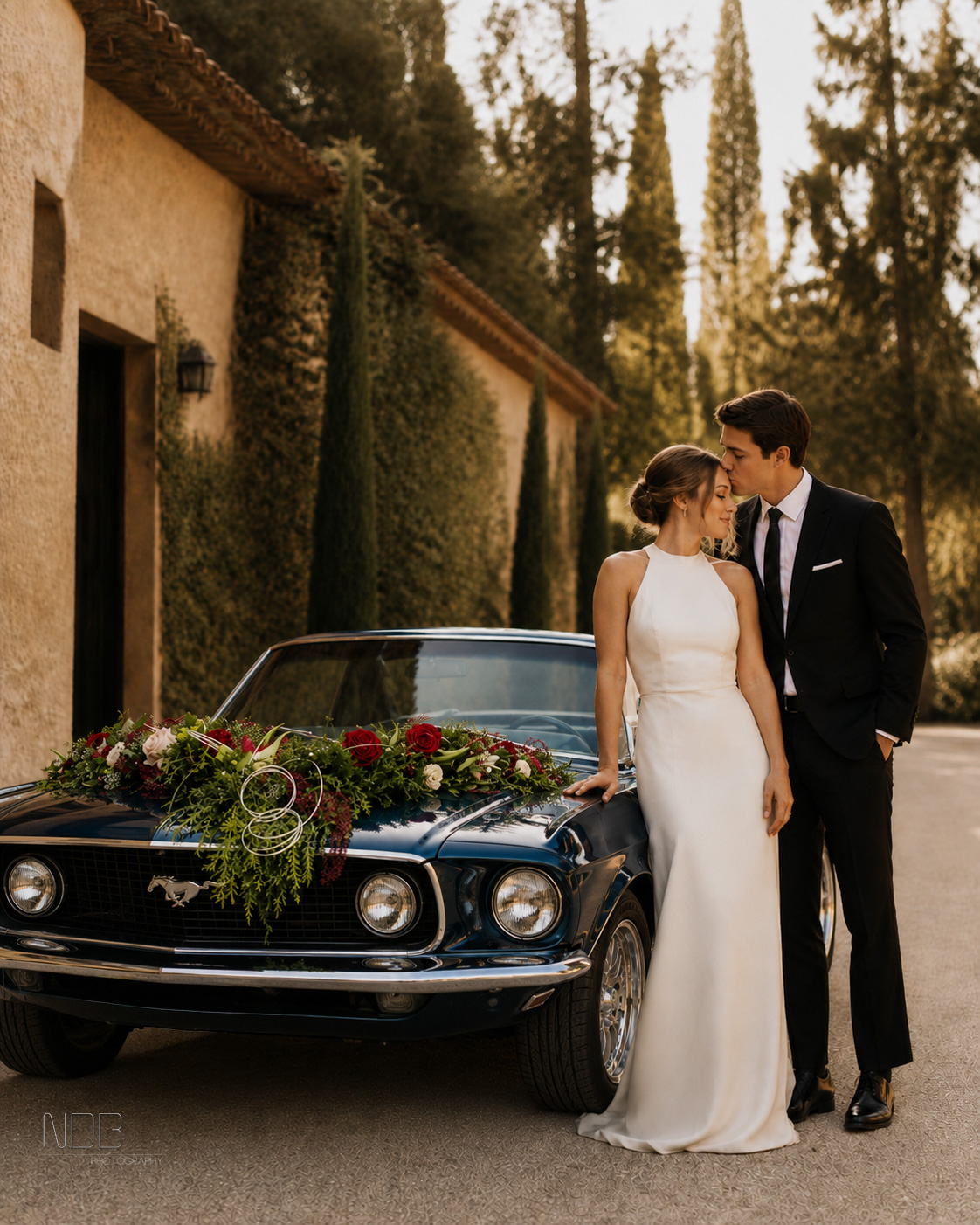 Brautpaar vor dem geschmückten 1969 Ford Mustang Cabrio an einem historischen Gebäude
